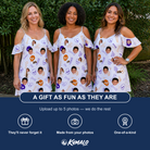 Friends in matching Women's Humerus Humor Custom Face Off-Shoulder Dress — a group gift photo