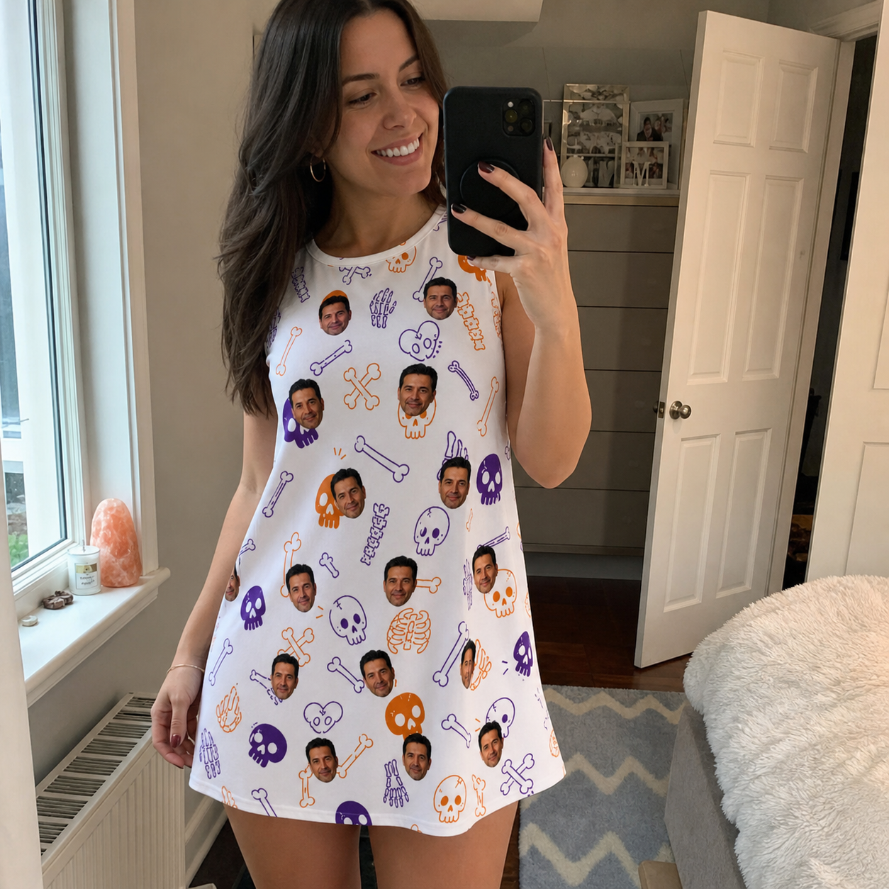 Real-life photo of someone wearing Women's Humerus Humor Custom Face Tank Dress — custom faces printed all-over