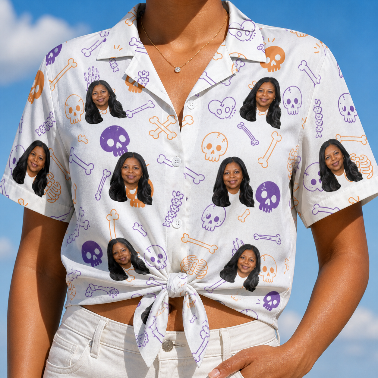 Woman wearing Women's Humerus Humor Custom Face Hawaiian Shirt tied at the waist