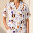 Model wearing Women's Humerus Humor Custom Face Hawaiian Shirt printed with kids' faces
