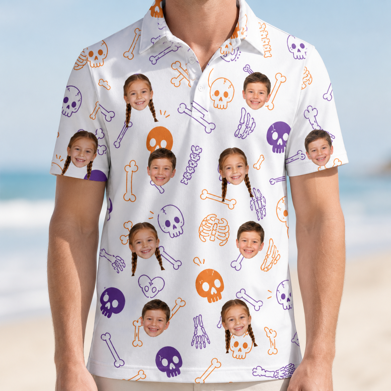 Model wearing Men's Humerus Humor Custom Face Polo Shirt printed with kids' faces