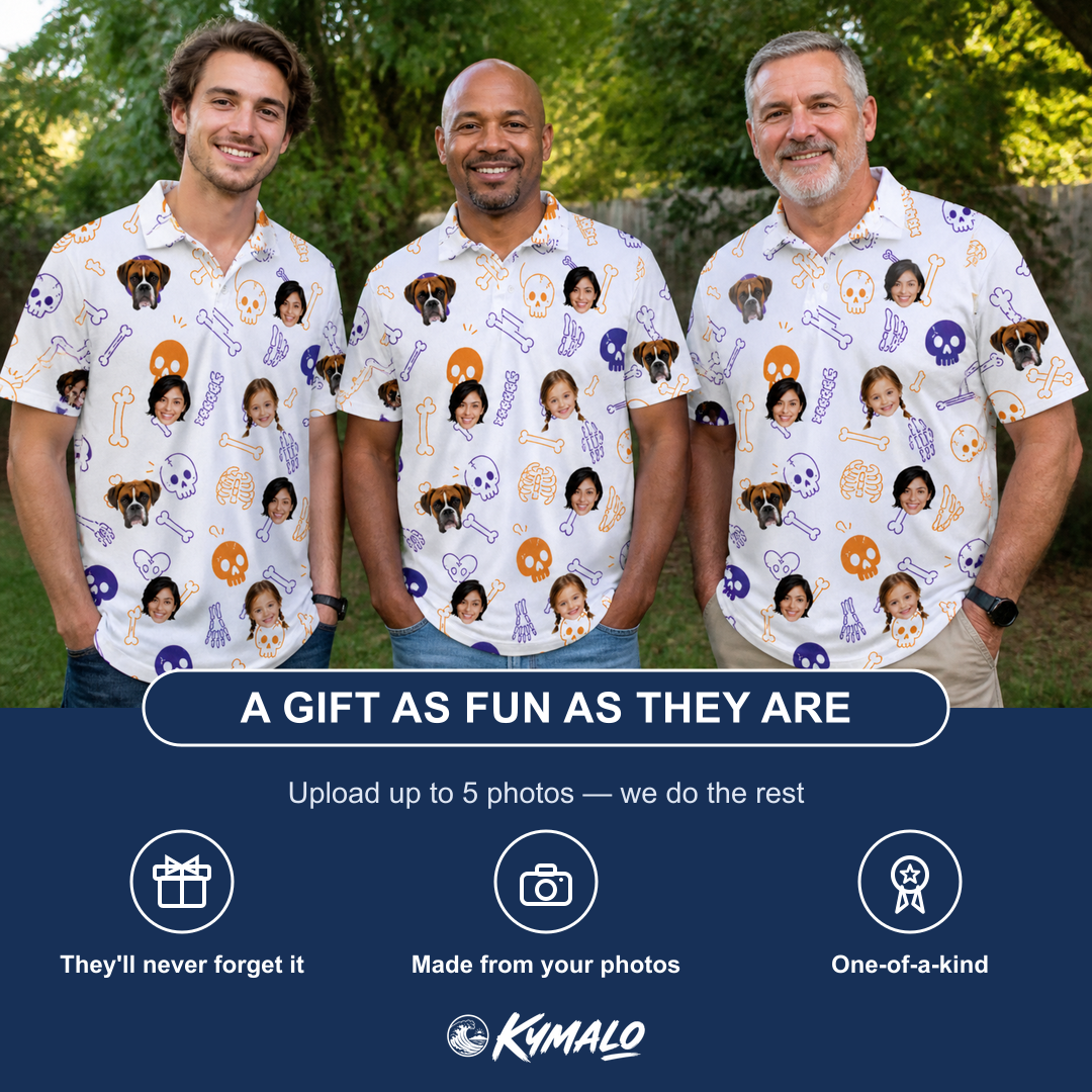 Friends in matching Men's Humerus Humor Custom Face Polo Shirt — a group gift photo