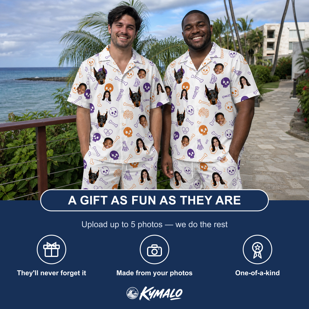 Friends in matching Men's Humerus Humor Custom Face Shirt & Shorts Set — a group gift photo