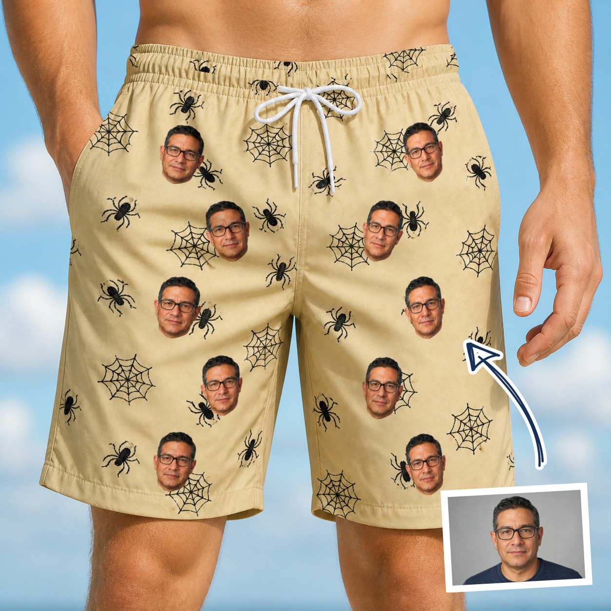 Man wearing Men's Sinister Strands Custom Face Beach Shorts — custom faces printed all-over