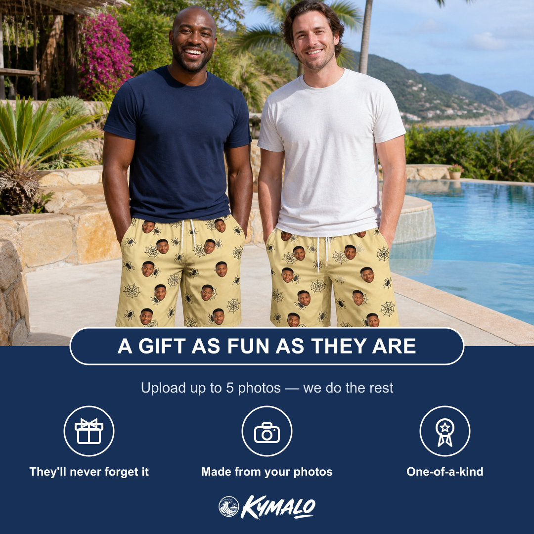 Friends in matching Men's Sinister Strands Custom Face Beach Shorts — a group gift photo