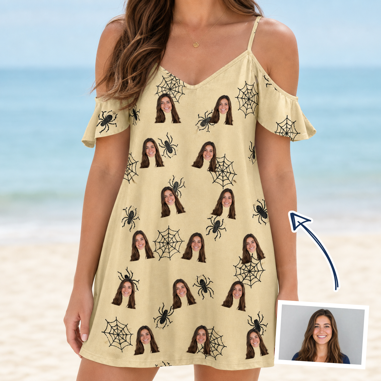 Woman wearing Women's Sinister Strands Custom Face Off-Shoulder Dress — custom faces printed all-over
