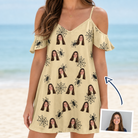 Woman wearing Women's Sinister Strands Custom Face Off-Shoulder Dress — custom faces printed all-over
