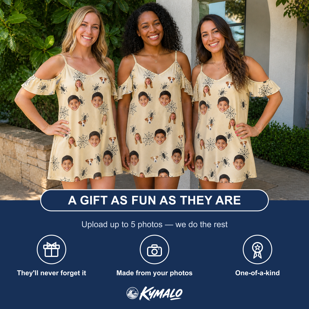 Friends in matching Women's Sinister Strands Custom Face Off-Shoulder Dress — a group gift photo