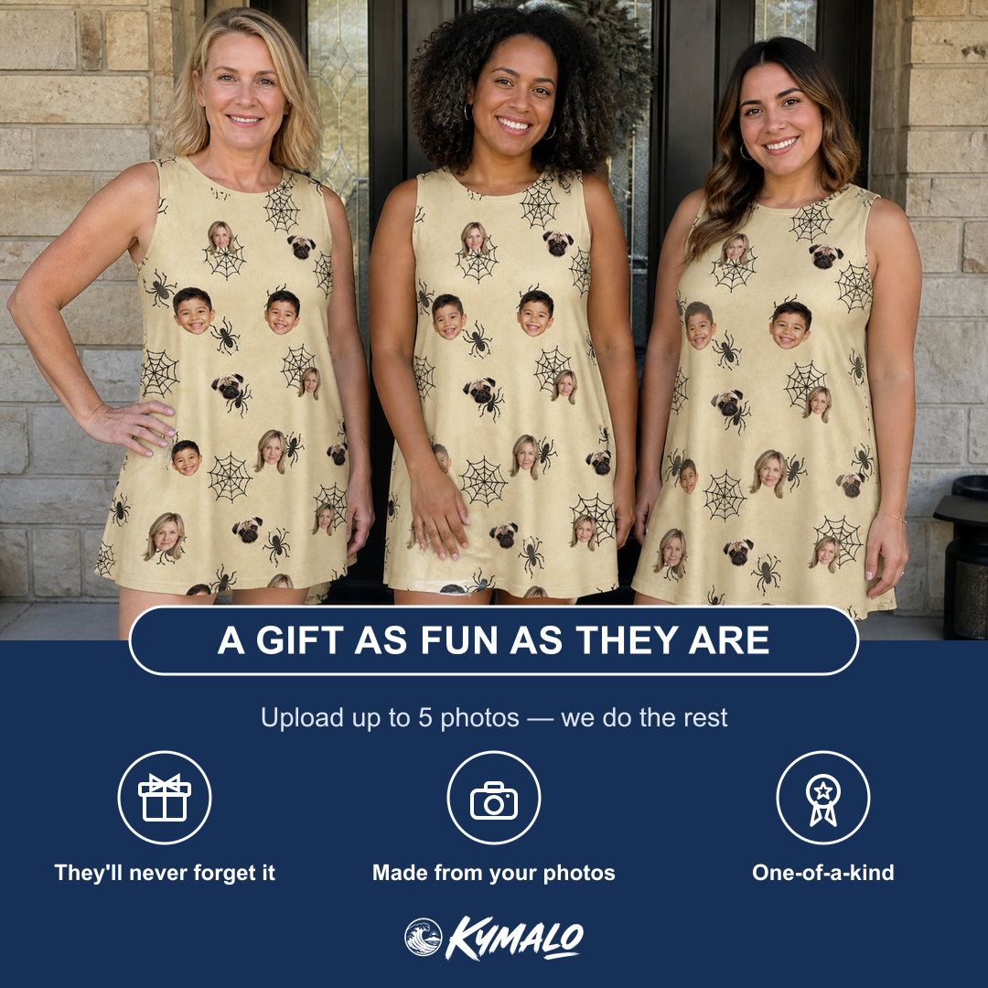 Friends in matching Women's Sinister Strands Custom Face Tank Dress — a group gift photo