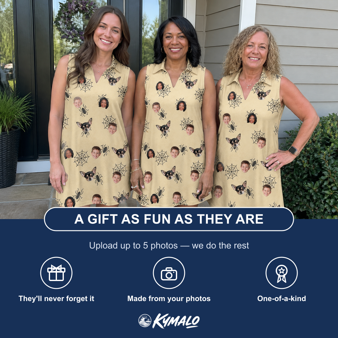 Friends in matching Women's Sinister Strands Custom Face V-Neck Dress — a group gift photo