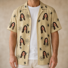 Man wearing Men's Sinister Strands Custom Face Hawaiian Shirt open over a white tee