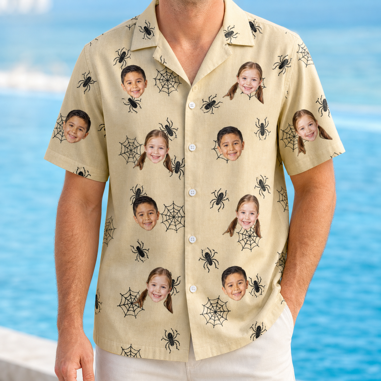Model wearing Men's Sinister Strands Custom Face Hawaiian Shirt printed with kids' faces
