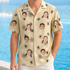 Model wearing Men's Sinister Strands Custom Face Hawaiian Shirt printed with kids' faces