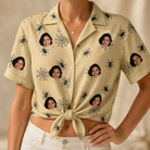Woman wearing Women's Sinister Strands Custom Face Hawaiian Shirt tied at the waist