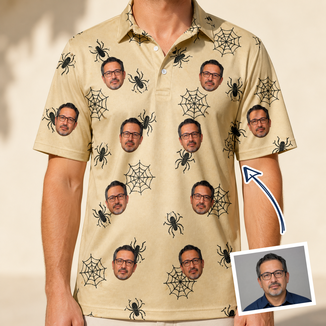 Man wearing Men's Sinister Strands Custom Face Polo Shirt — custom faces printed all-over