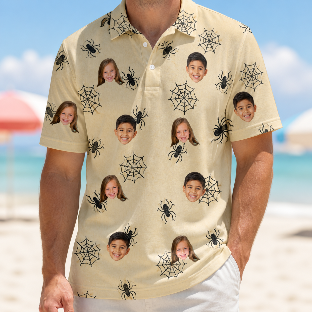 Model wearing Men's Sinister Strands Custom Face Polo Shirt printed with kids' faces
