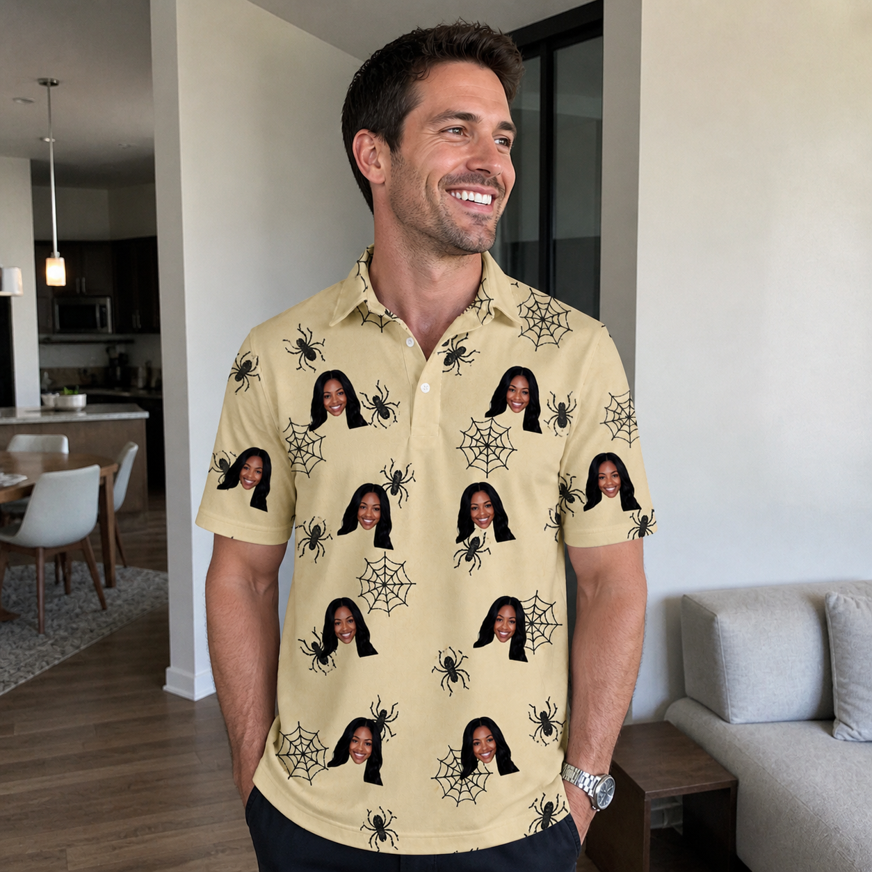 Real-life photo of someone wearing Men's Sinister Strands Custom Face Polo Shirt — custom faces printed all-over