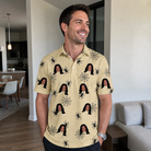 Real-life photo of someone wearing Men's Sinister Strands Custom Face Polo Shirt — custom faces printed all-over