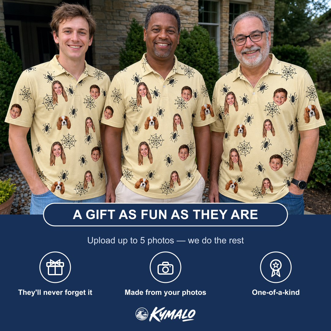 Friends in matching Men's Sinister Strands Custom Face Polo Shirt — a group gift photo