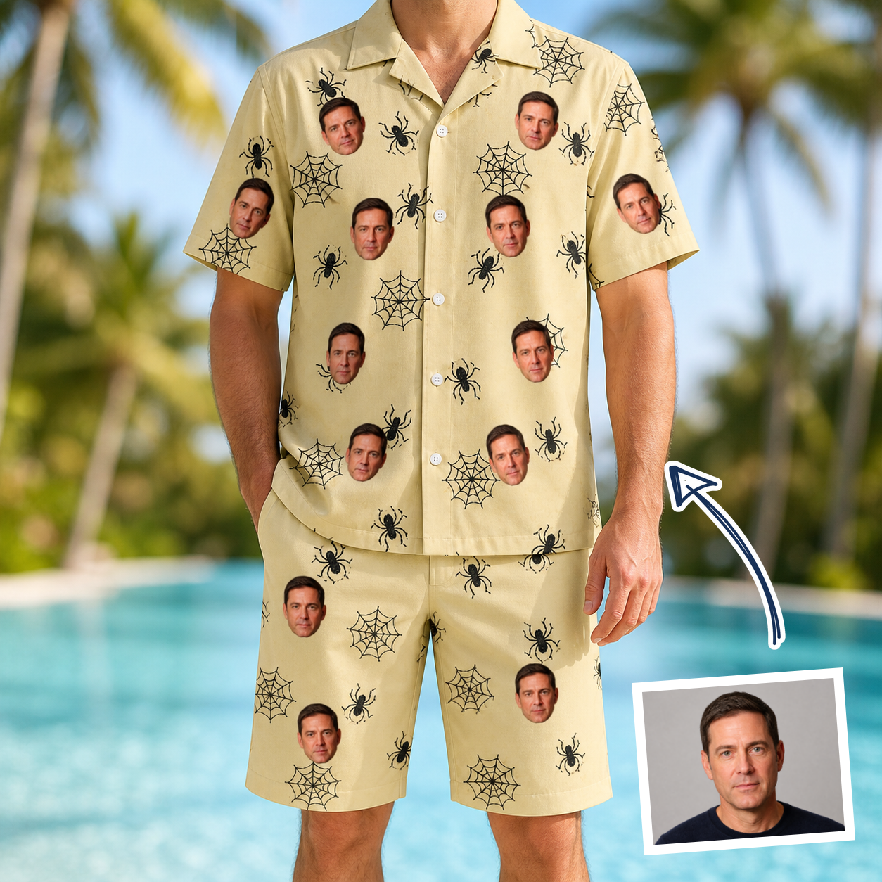 Man wearing Men's Sinister Strands Custom Face Shirt & Shorts Set — custom faces printed all-over