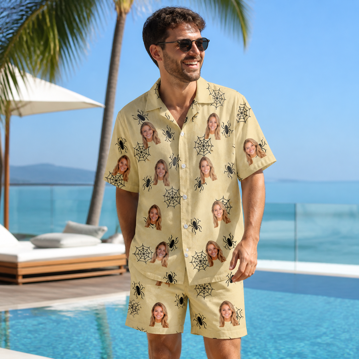 Real-life photo of someone wearing Men's Sinister Strands Custom Face Shirt & Shorts Set — custom faces printed all-over