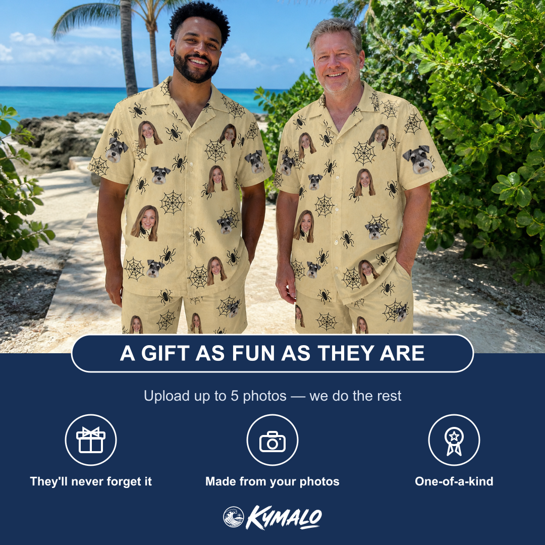 Friends in matching Men's Sinister Strands Custom Face Shirt & Shorts Set — a group gift photo