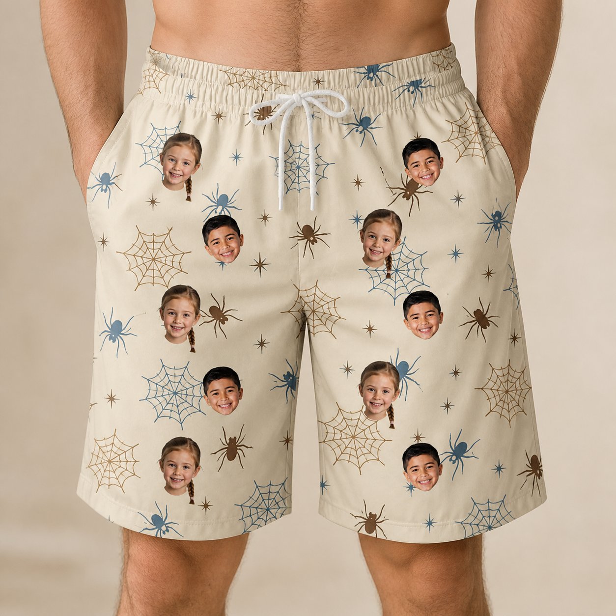 Model wearing Men's Macabre Mesh Custom Face Beach Shorts printed with kids' faces