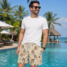 Real-life photo of someone wearing Men's Macabre Mesh Custom Face Beach Shorts — custom faces printed all-over