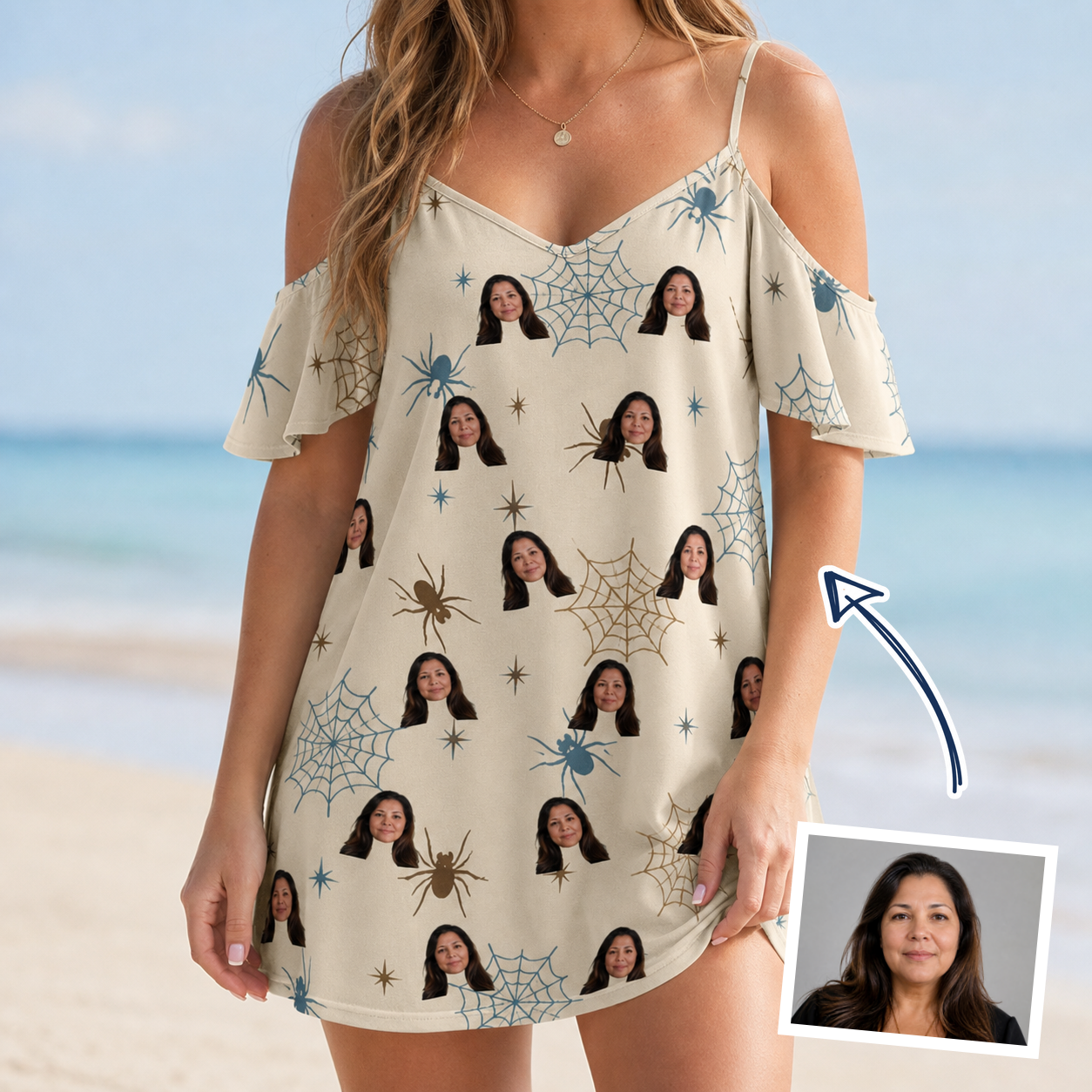 Woman wearing Women's Macabre Mesh Custom Face Off-Shoulder Dress — custom faces printed all-over