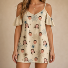 Model wearing Women's Macabre Mesh Custom Face Off-Shoulder Dress printed with kids' faces