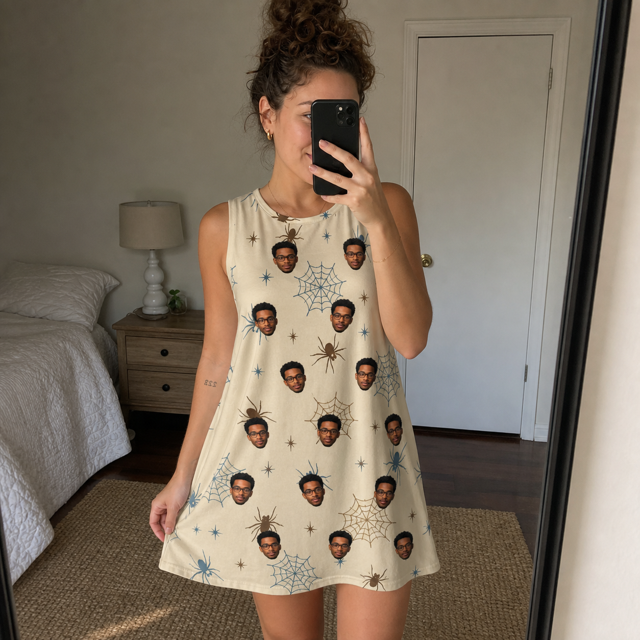 Real-life photo of someone wearing Women's Macabre Mesh Custom Face Tank Dress — custom faces printed all-over