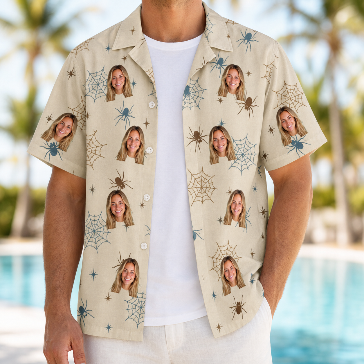 Man wearing Men's Macabre Mesh Custom Face Hawaiian Shirt open over a white tee