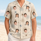Model wearing Men's Macabre Mesh Custom Face Hawaiian Shirt printed with kids' faces