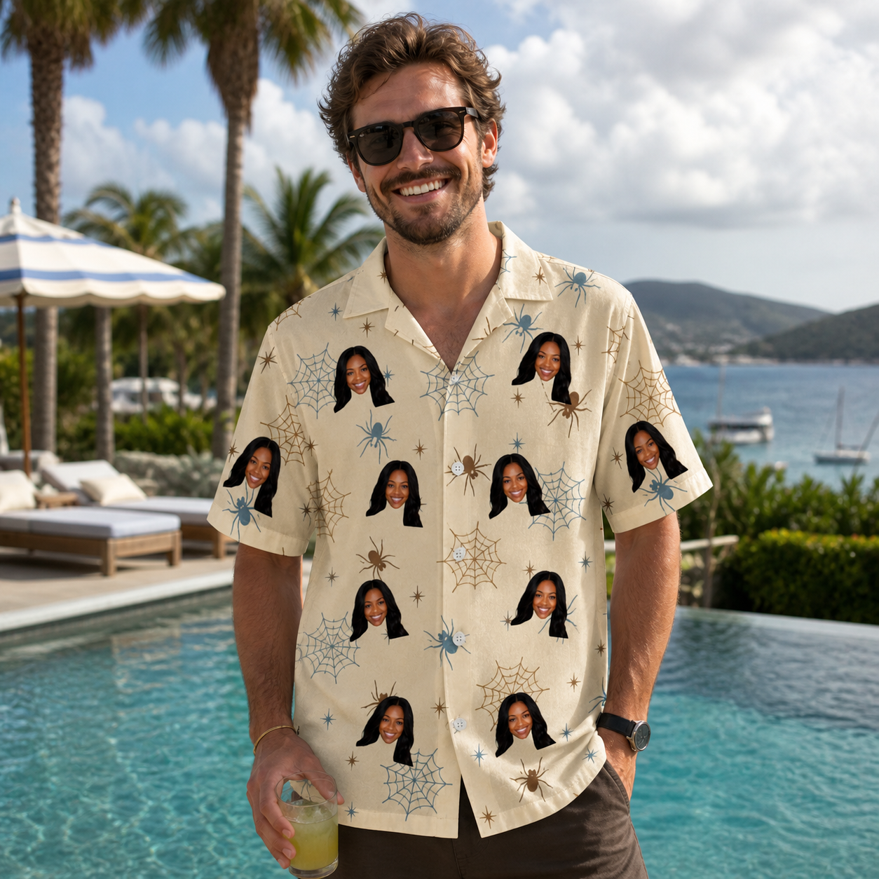 Real-life photo of someone wearing Men's Macabre Mesh Custom Face Hawaiian Shirt — custom faces printed all-over