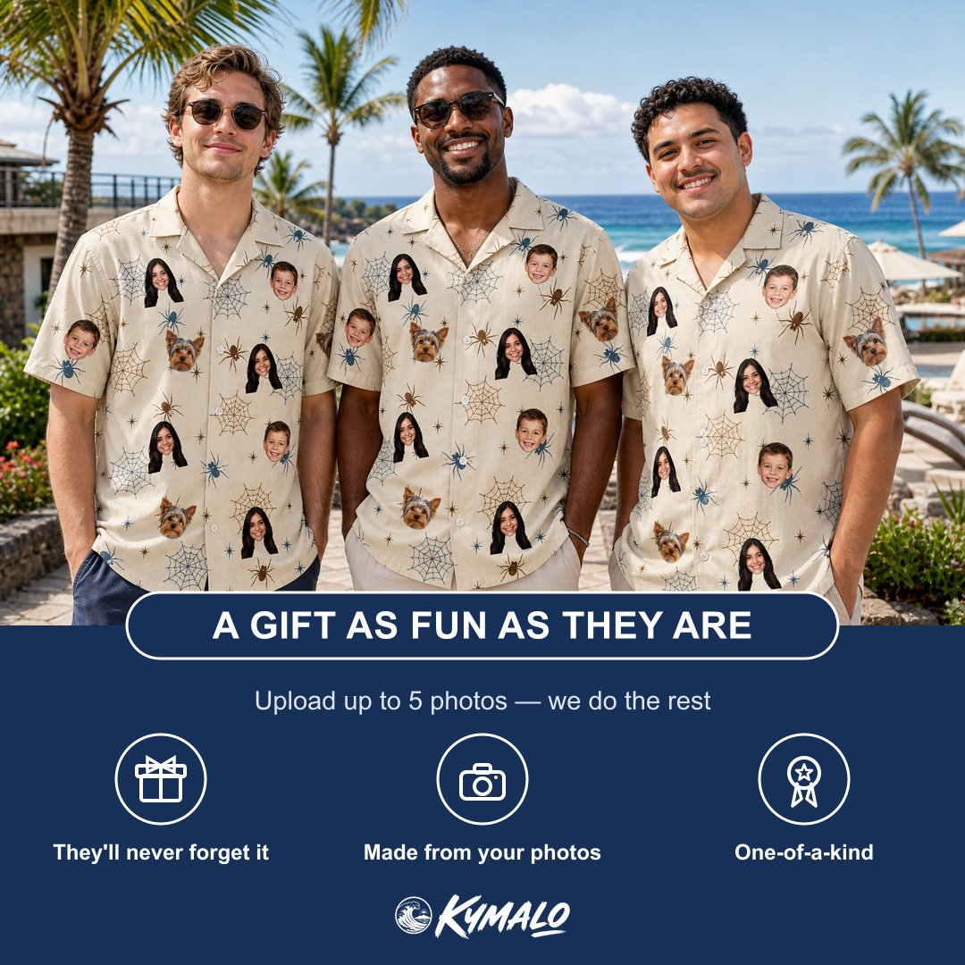 Friends in matching Men's Macabre Mesh Custom Face Hawaiian Shirt — a group gift photo