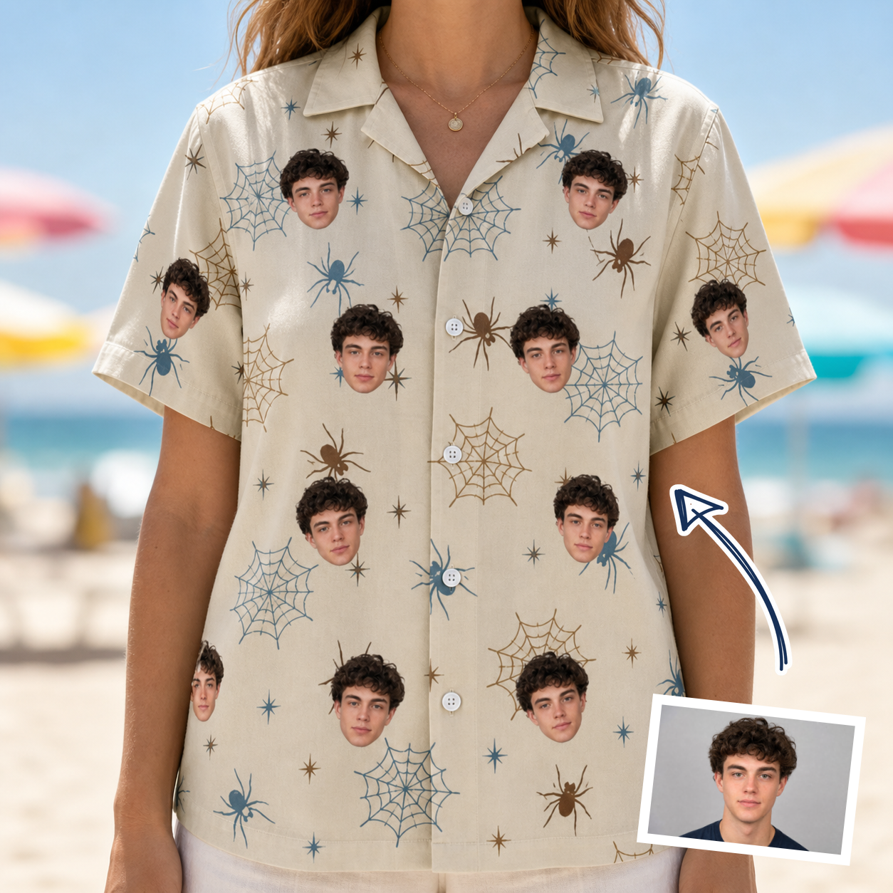 Woman wearing Women's Macabre Mesh Custom Face Hawaiian Shirt — custom faces printed all-over