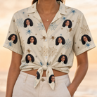 Woman wearing Women's Macabre Mesh Custom Face Hawaiian Shirt tied at the waist