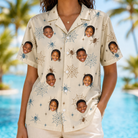 Model wearing Women's Macabre Mesh Custom Face Hawaiian Shirt printed with kids' faces