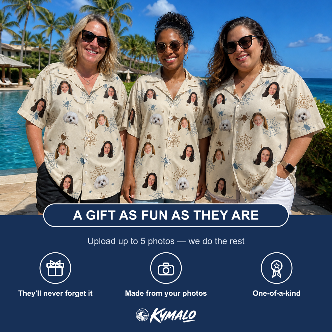 Friends in matching Women's Macabre Mesh Custom Face Hawaiian Shirt — a group gift photo