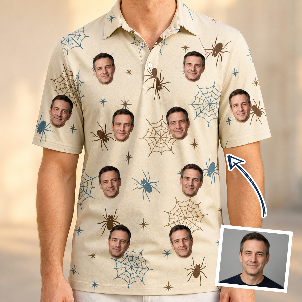 Man wearing Men's Macabre Mesh Custom Face Polo Shirt — custom faces printed all-over