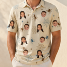 Model wearing Men's Macabre Mesh Custom Face Polo Shirt printed with kids' faces