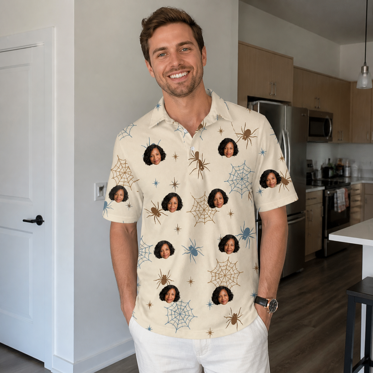 Real-life photo of someone wearing Men's Macabre Mesh Custom Face Polo Shirt — custom faces printed all-over