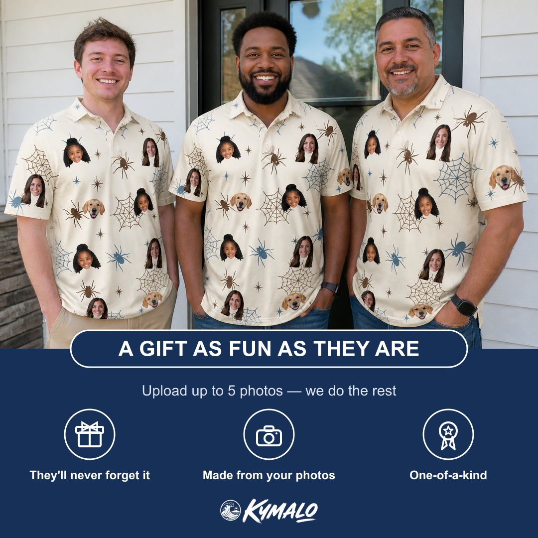 Friends in matching Men's Macabre Mesh Custom Face Polo Shirt — a group gift photo