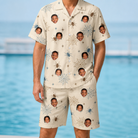 Model wearing Men's Macabre Mesh Custom Face Shirt & Shorts Set printed with kids' faces