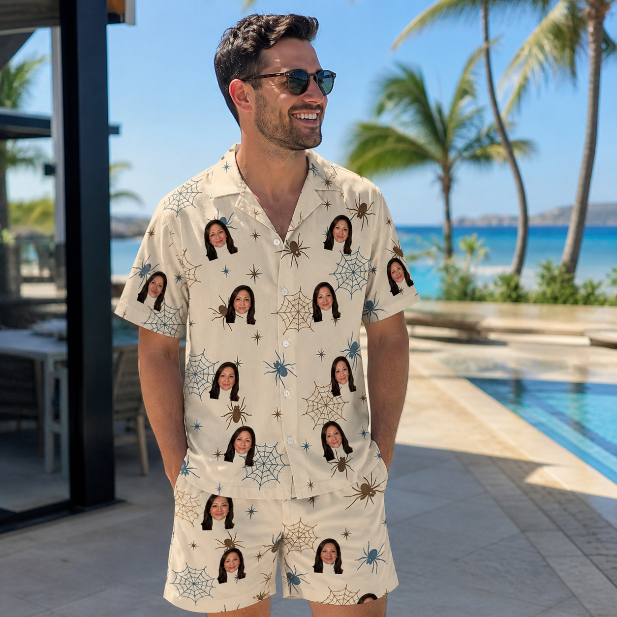 Real-life photo of someone wearing Men's Macabre Mesh Custom Face Shirt & Shorts Set — custom faces printed all-over