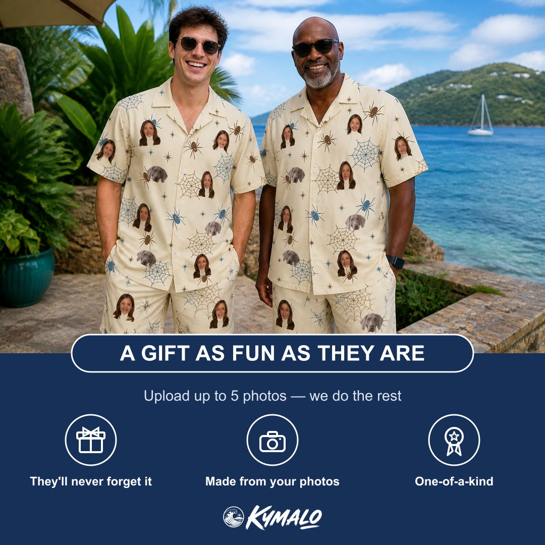Friends in matching Men's Macabre Mesh Custom Face Shirt & Shorts Set — a group gift photo
