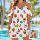 Woman wearing Women's Patch Prowlers Custom Face Off-Shoulder Dress — custom faces printed all-over