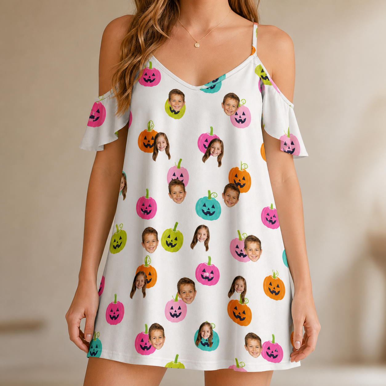 Model wearing Women's Patch Prowlers Custom Face Off-Shoulder Dress printed with kids' faces