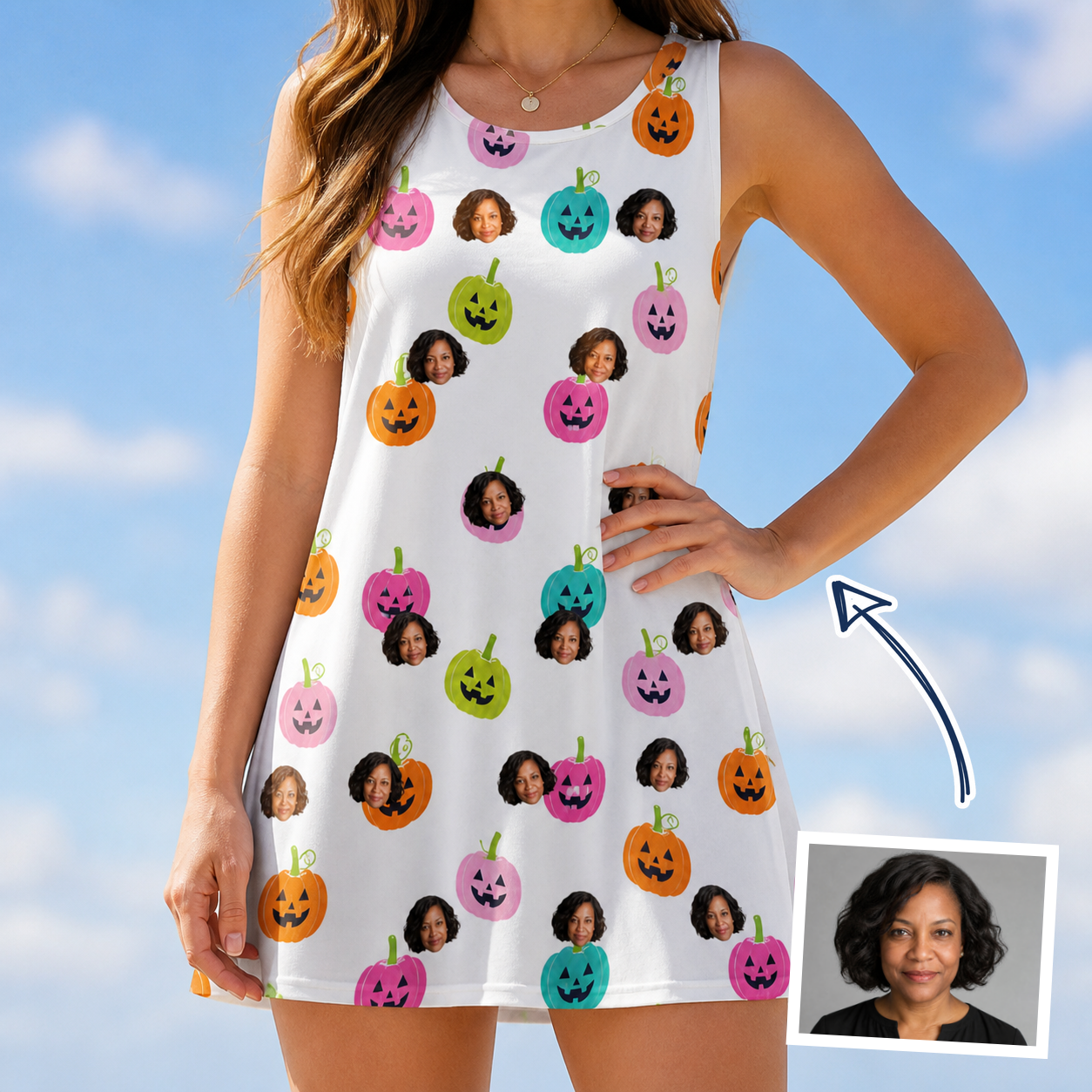 Woman wearing Women's Patch Prowlers Custom Face Tank Dress — custom faces printed all-over