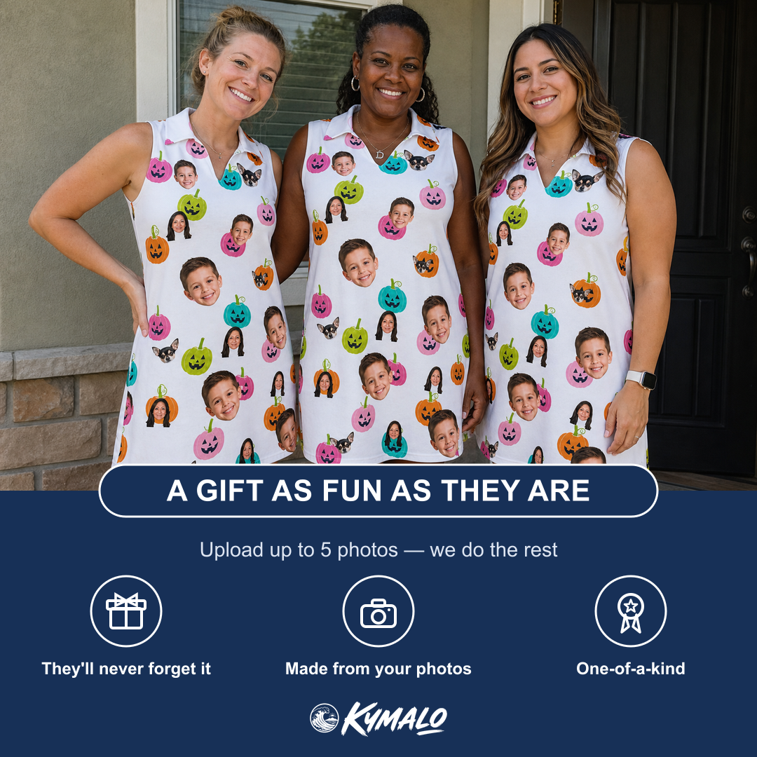 Friends in matching Women's Patch Prowlers Custom Face V-Neck Dress — a group gift photo